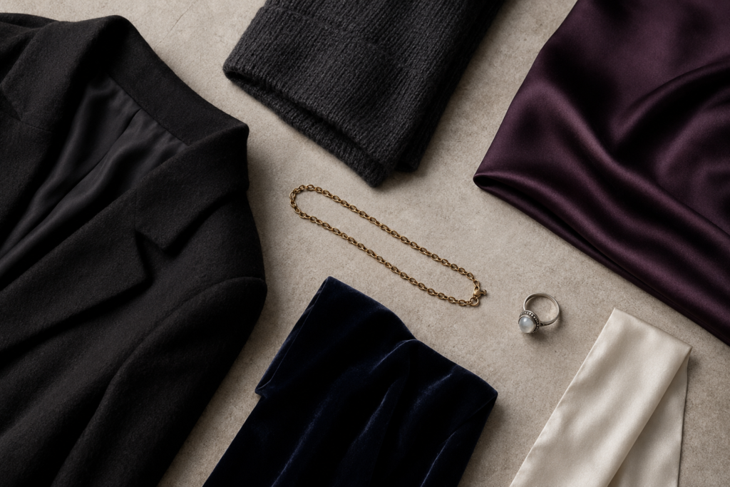 Witchcore fashion palette with black wool, charcoal knit, plum satin, navy velvet, ivory silk, and celestial jewelry