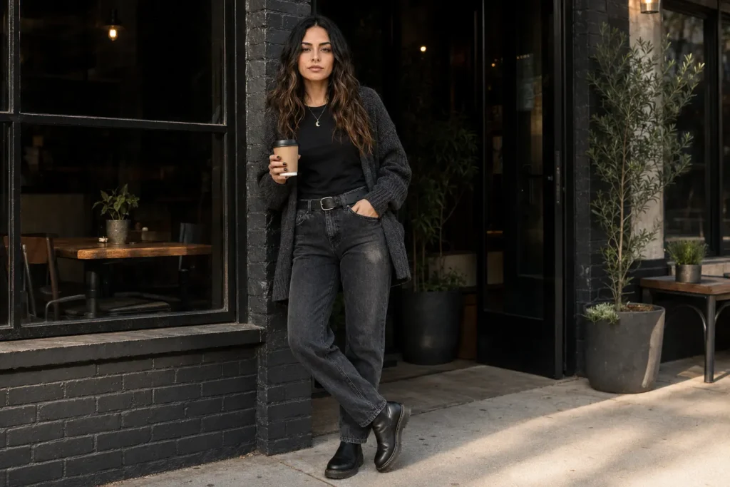Terra wearing a casual witchcore outfit with washed black denim, a charcoal cardigan, black boots, and a silver pendant