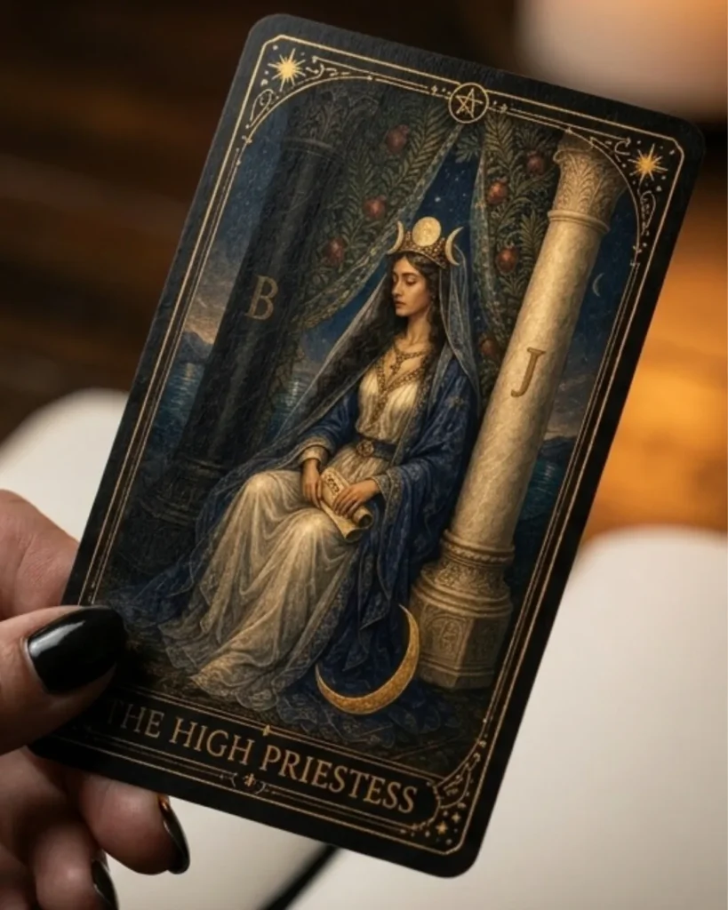Close-up of a hand holding 'The High Priestess' tarot card. Features a crowned woman in blue and white robes, seated between pillars B and J, holding a scroll. Mystical art.