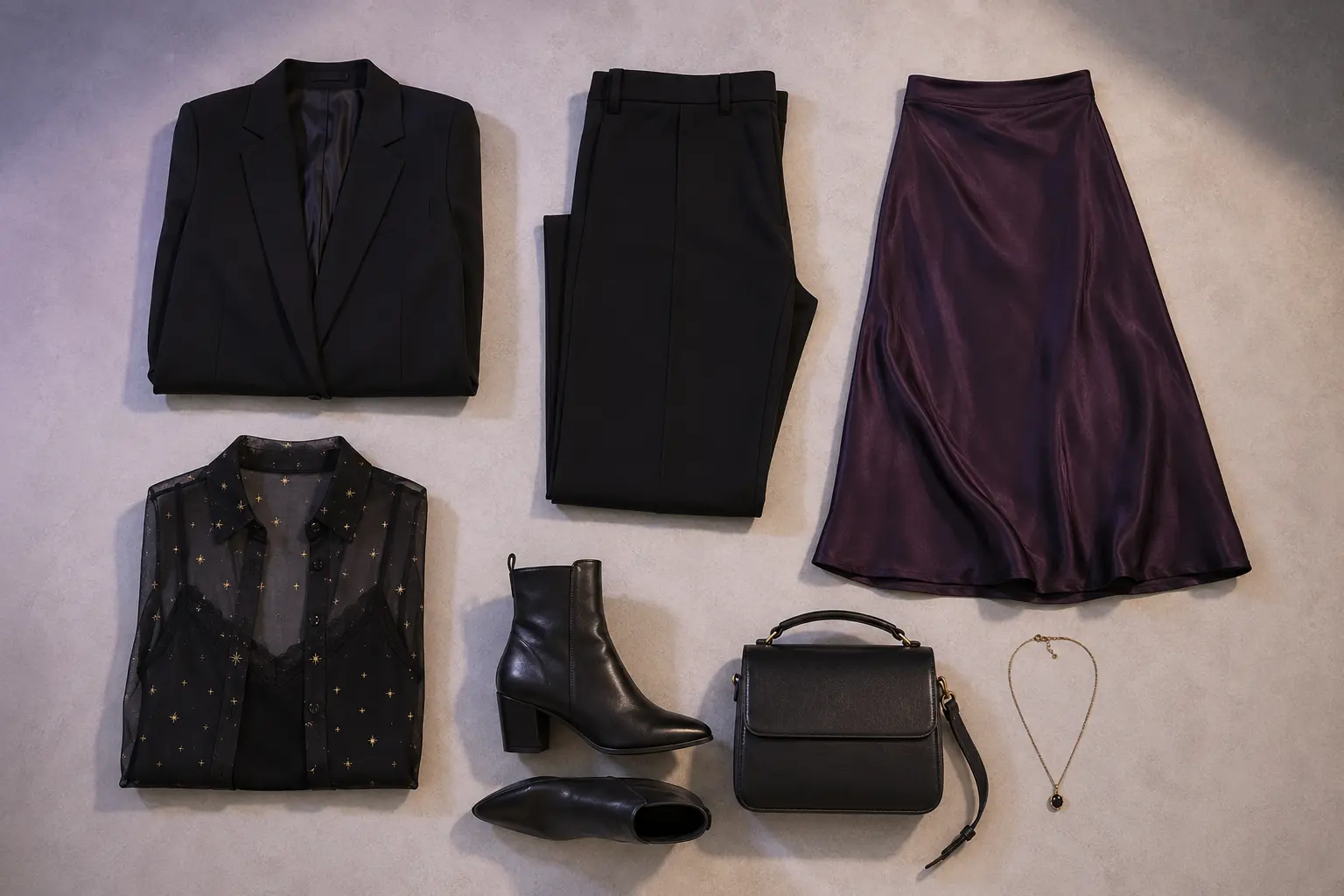 Dark feminine witchcore capsule wardrobe with a black blazer, trousers, satin skirt, sheer blouse, boots, bag, and celestial pendant