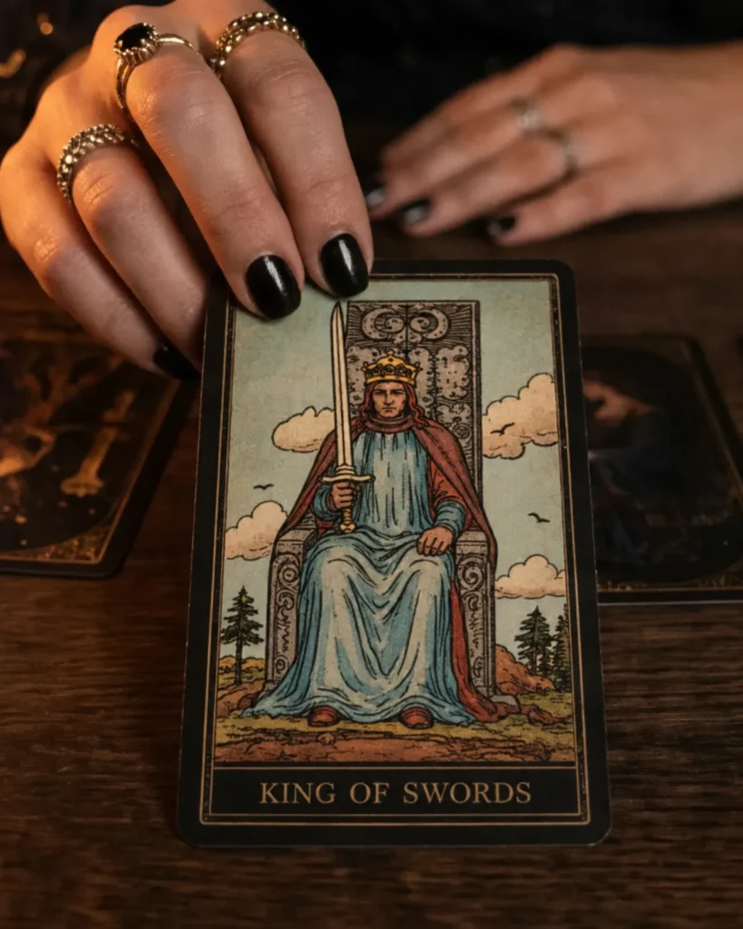 Close-up of a hand with black nail polish and rings holding a 'King of Swords' tarot card, showing the crowned king with a sword, on a wooden table with other cards blurred in the background.