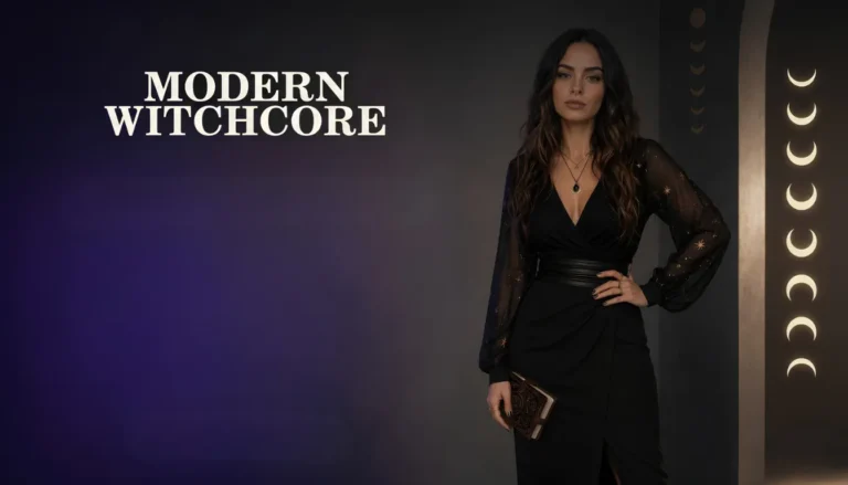 Woman in a modern witchcore black dress with star-embroidered sheer sleeves, holding an ornate book. Moon phase decor in background. Text: MODERN WITCHCORE.