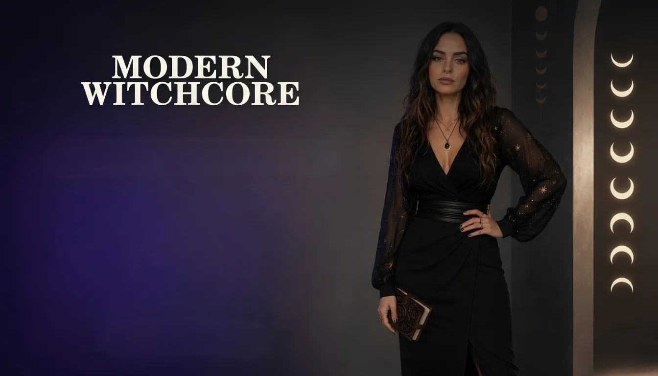 Woman in a modern witchcore black dress with star-embroidered sheer sleeves, holding an ornate book. Moon phase decor in background. Text: MODERN WITCHCORE.