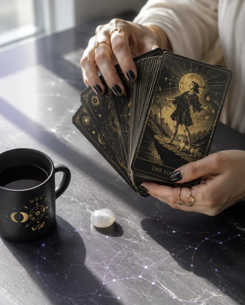 Hands with gold rings and black nails hold black and gold tarot cards, showing "The Fool". A black mug, crystal, and glowing constellations on a dark table.