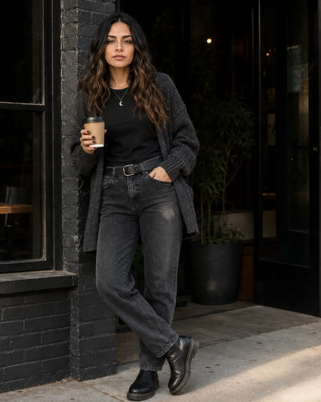 A woman with long wavy hair in a dark knit cardigan, black t-shirt, and dark wash jeans holds a coffee cup, leaning against a brick wall outside a shop.