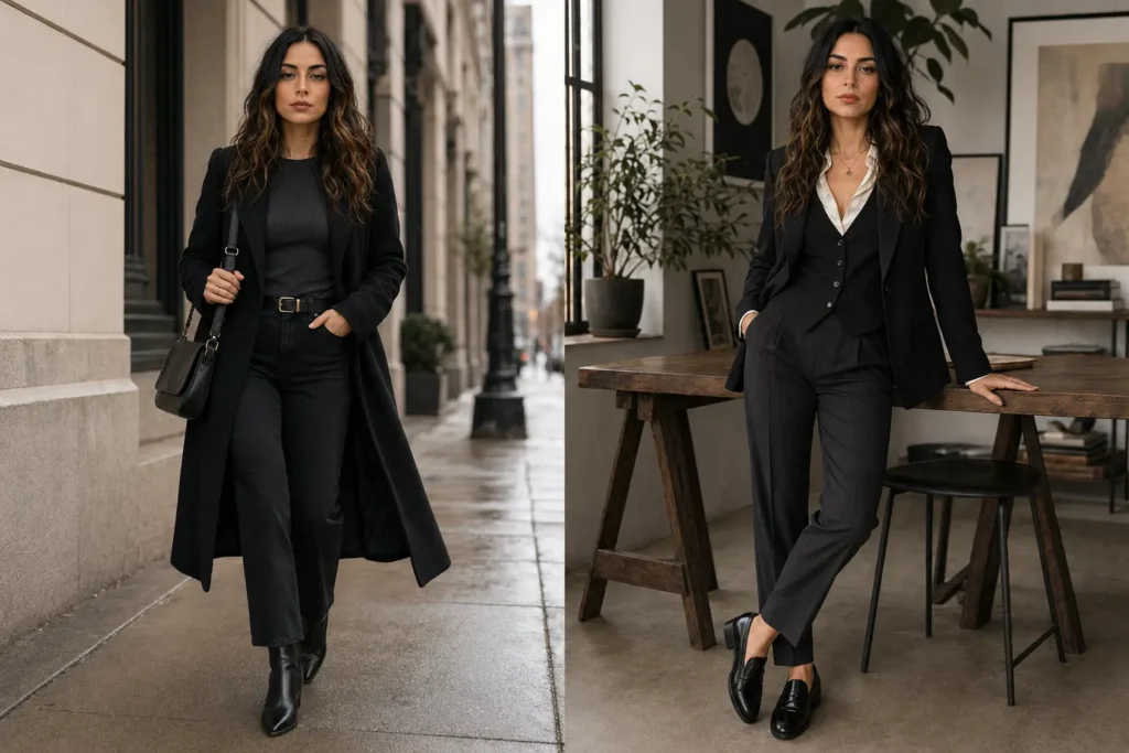 Two wearable witchcore outfits featuring black denim and a coat for everyday style, plus tailored trousers and a blazer for work
