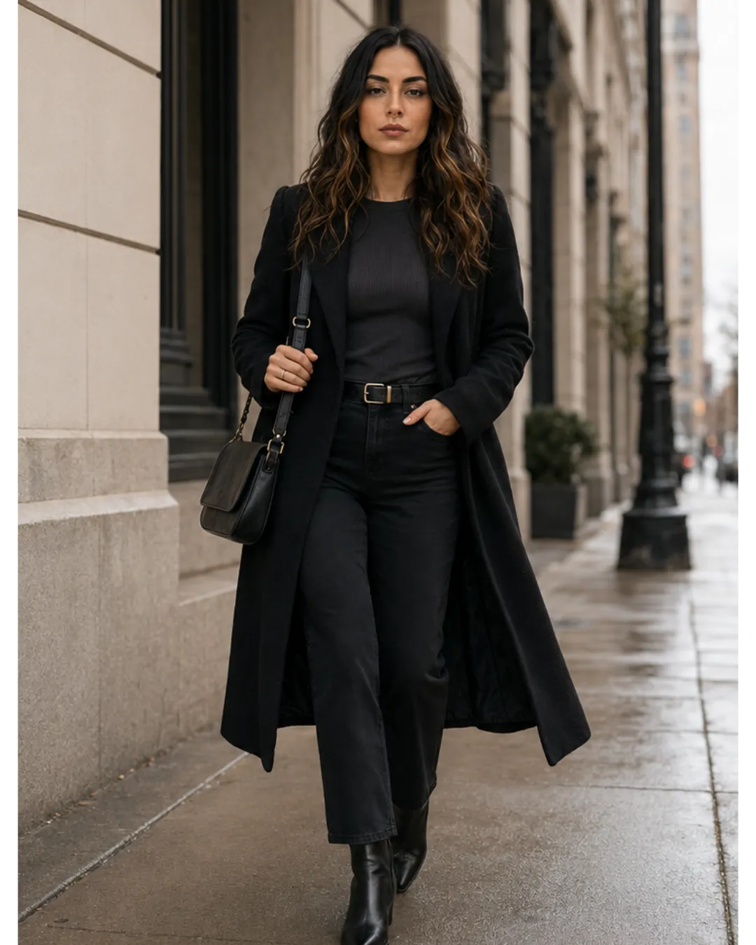 A stylish woman in a long black coat, black top, jeans, and boots walks on a wet city sidewalk, carrying a black shoulder bag. Her dark wavy hair has highlights.