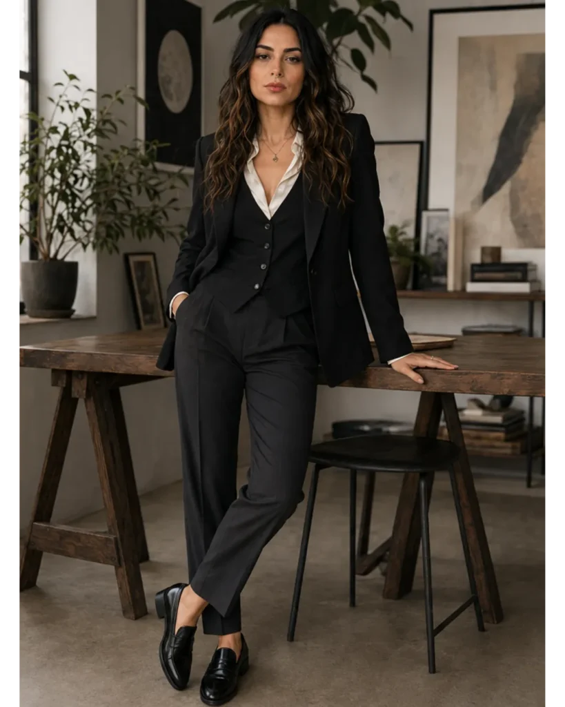 A professional woman with long wavy dark hair wearing a stylish black three-piece suit and white shirt, leaning confidently on a rustic wooden desk in a modern office.
