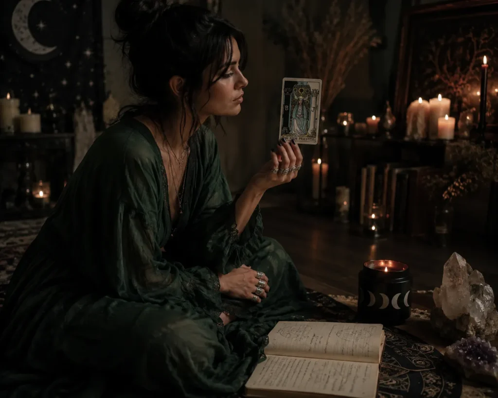 Mystical scene with a woman in a green dress holding a tarot card, surrounded by glowing candles, crystals, and an open spell book, in a dimly lit chamber.