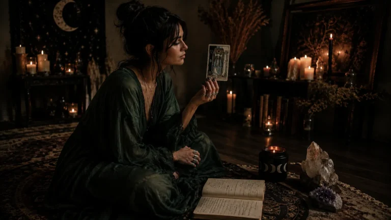 A woman in a green dress sits on a rug, holding "The High Priestess" tarot card, surrounded by glowing candles, crystals, and an open grimoire in a mystical room.