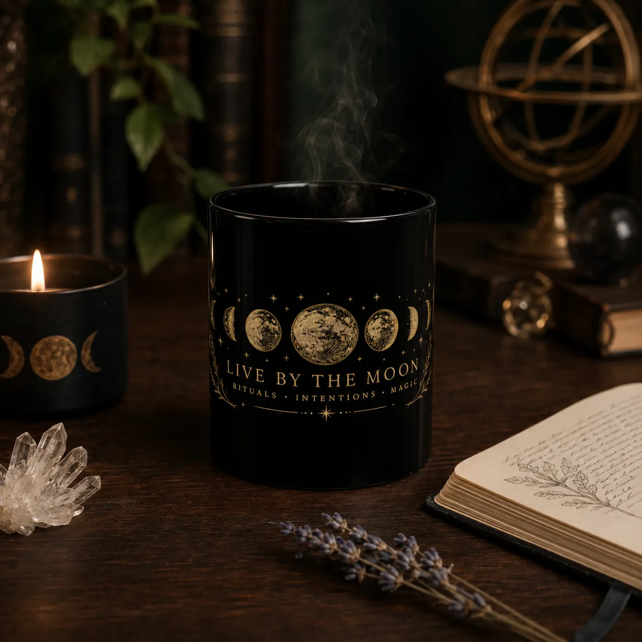 Black mug with gold 'Live by the Moon' text and moon phases, steaming on a dark wooden table with a matching candle, quartz, lavender, and a journal.