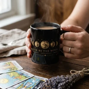Hands holding a black mug with gold moon phases and 'LIVE BY THE MOON' text, steam rising. Tarot cards and dried lavender on a wooden table.