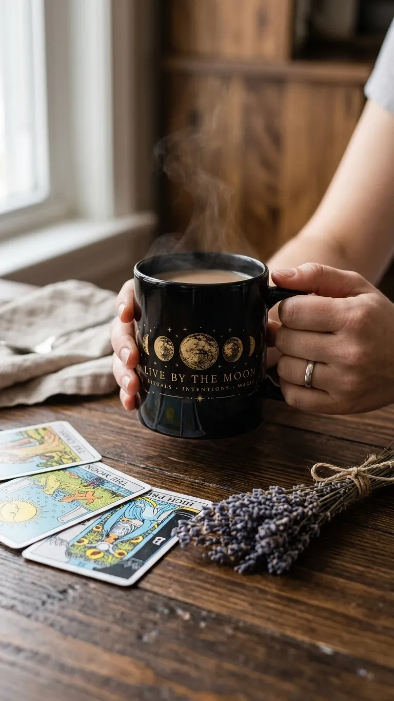 Hands holding a black mug with gold moon phases and 'LIVE BY THE MOON' text, steam rising. Tarot cards and dried lavender on a wooden table.