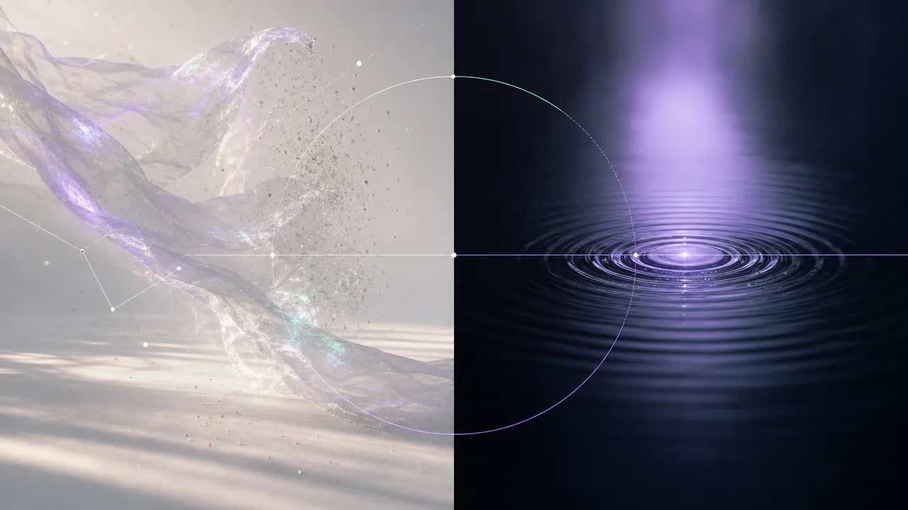 A diptych contrasting air as iridescent silk and drifting particles with water as a dark still pool spreading fine ripples