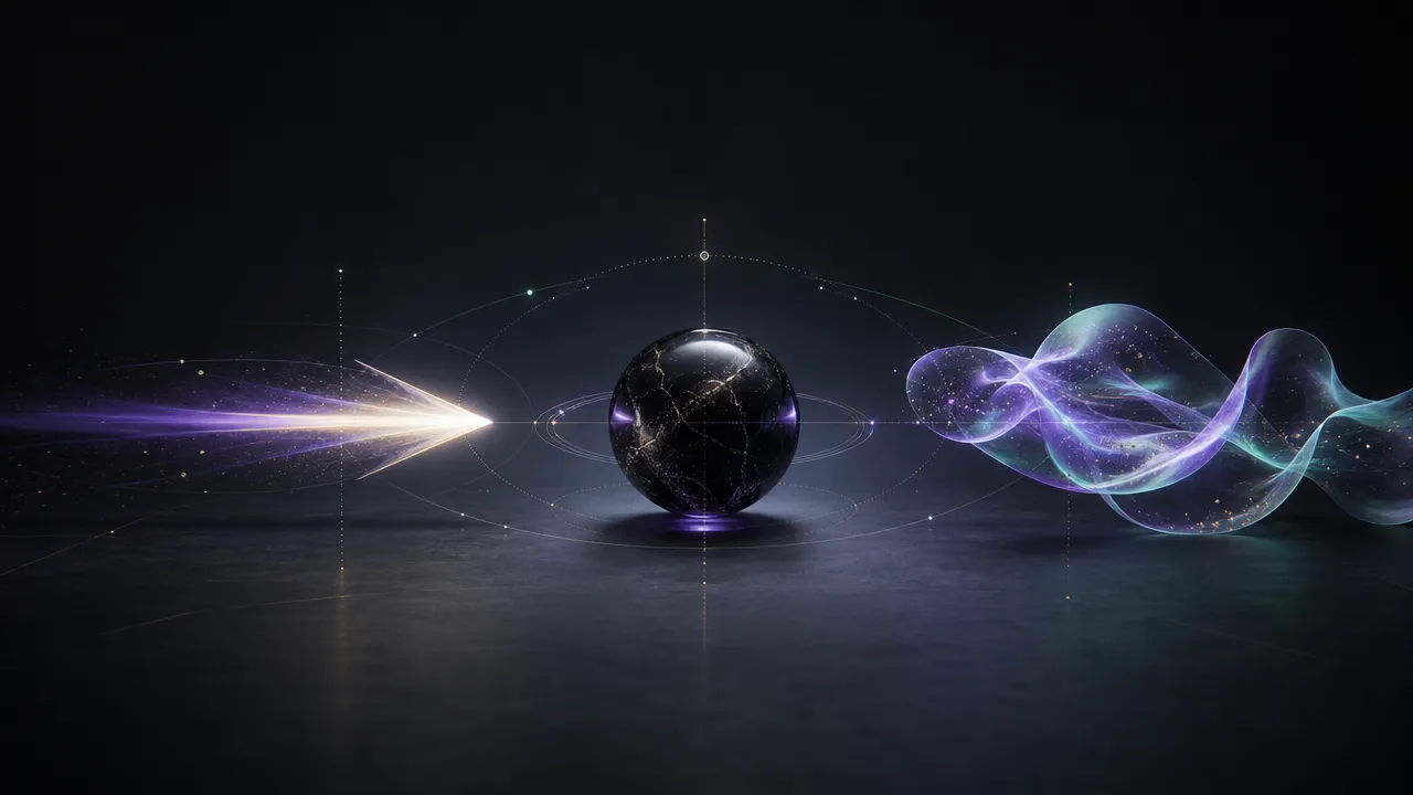 Three forms representing the zodiac modalities: a directional beam, a still obsidian sphere, and a shifting iridescent ribbon