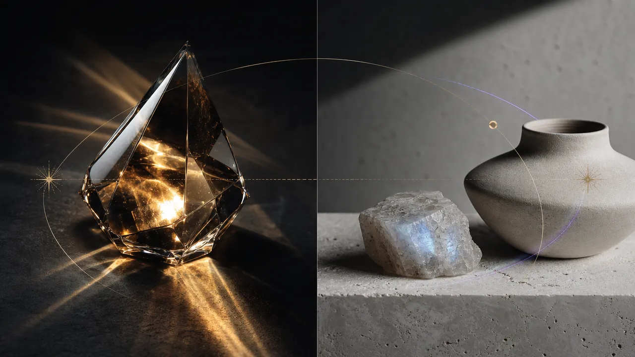 A diptych contrasting fire as gold light through faceted glass with earth as pale stone, moonstone and a ceramic vessel