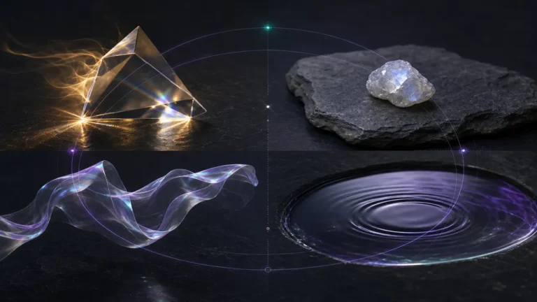 Four sculptural forms in a quadrant representing fire, earth, air and water, linked by a faint holographic ring