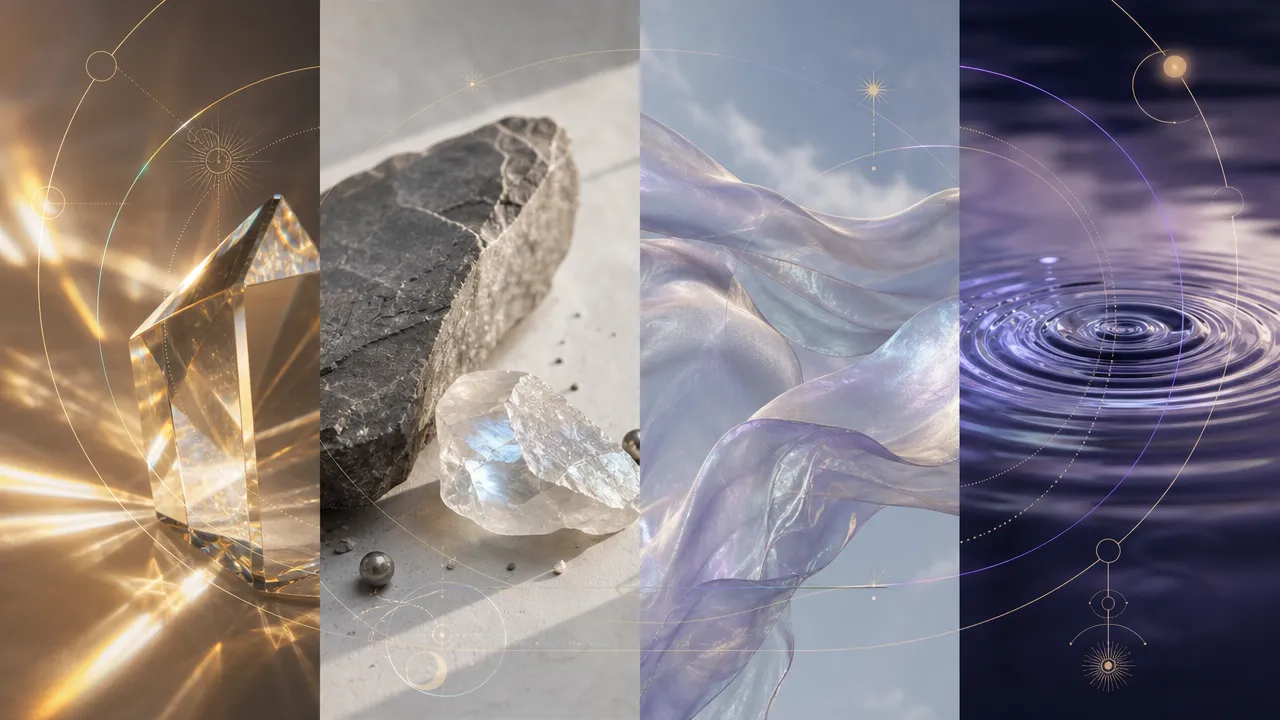 Four panels representing the zodiac elements: light through glass, stone and moonstone, iridescent silk, and rippling water