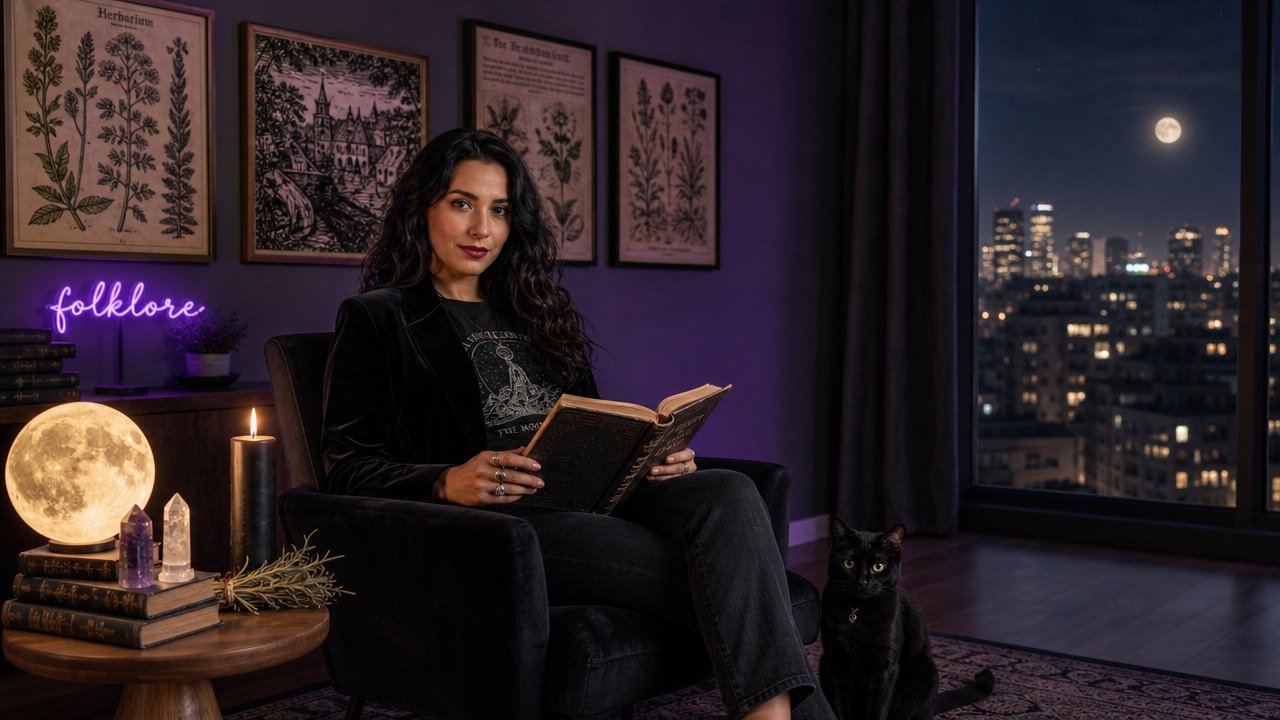 Modern witch in a dark velvet blazer reading a history of witchcraft book in a purple-lit studio beside framed antique folklore prints, a moon lamp, and a black cat