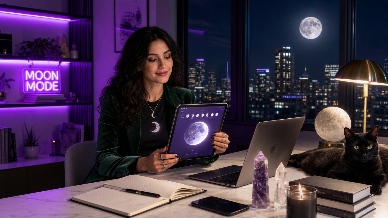 Modern witch in a green velvet blazer holding a tablet with a moon phase app at a marble desk with crystals, a journal, a black cat, and a MOON MODE neon sign