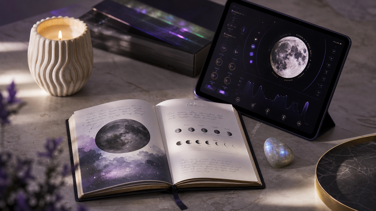 An open moon-phase journal beside a tablet displaying a minimalist moon phase dashboard, with a candle and moonstone crystal nearby.