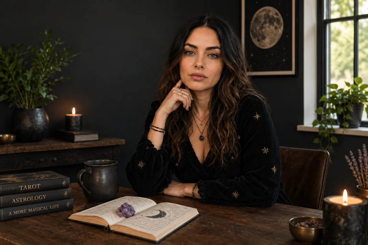 Terra at her desk at night, surrounded by candles, books and moon phase artwork