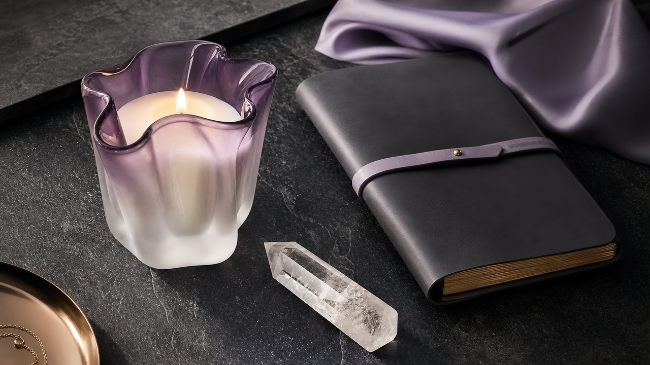 A curated flat lay of ritual tools, a sculptural candle, a journal, and a quartz crystal, on a clean dark surface.