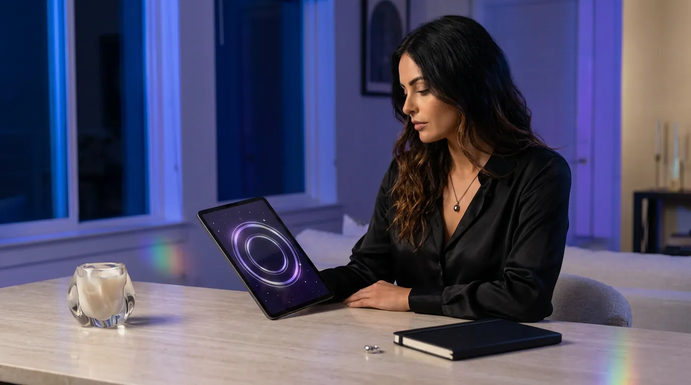 A woman at a pale stone desk at night studying a minimal birth-chart interface glowing on a tablet
