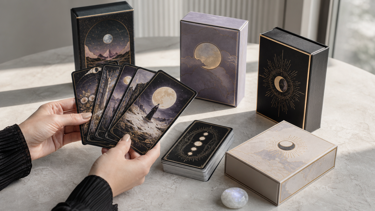 Tarot for beginners: a hand browsing several tarot decks fanned out on a clean stone desk, choosing a first deck.