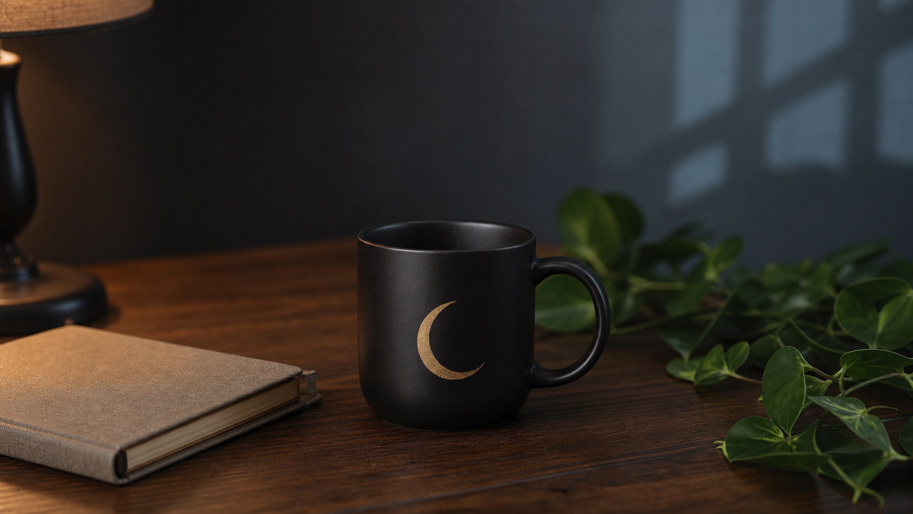 A matte black ceramic mug with a gold crescent moon on a dark wooden desk beside a linen journal and a trailing green plant.