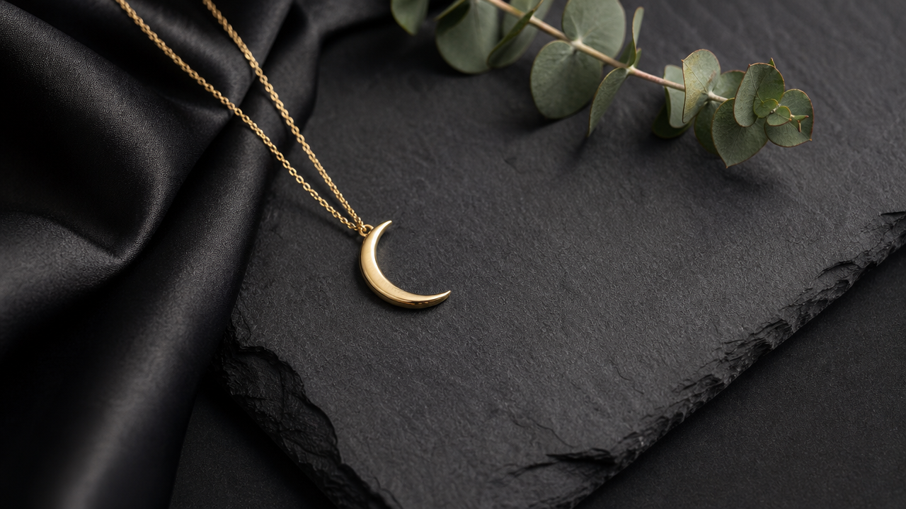 A fine gold crescent moon pendant resting on dark slate beside folded black silk