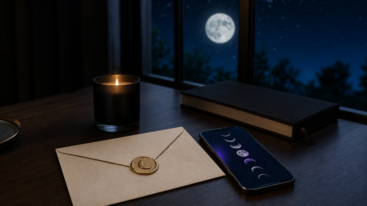 A cream envelope with a gold crescent moon wax seal on a desk at night beside a phone, a journal and a candle, with the full moon in the window.