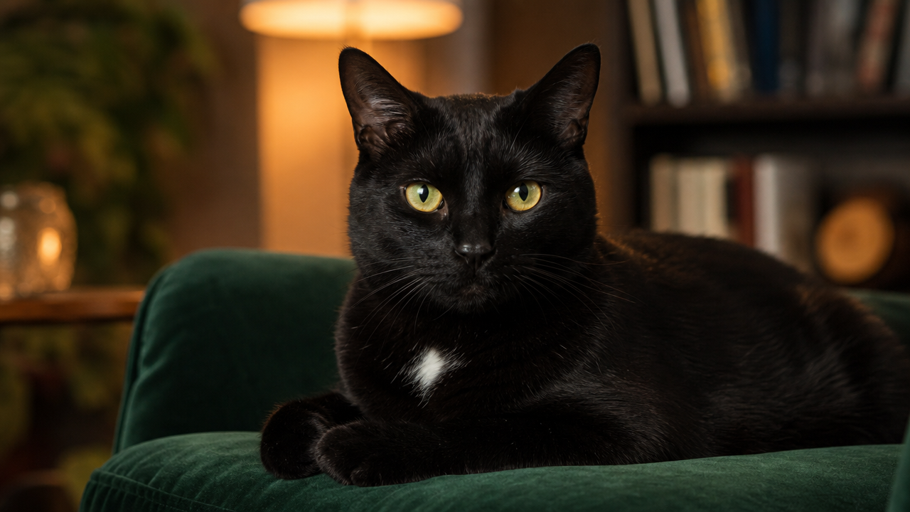 Tivis, a sleek black cat with green eyes and a small white chest patch, resting on a deep green velvet cushion in a warmly lit room.