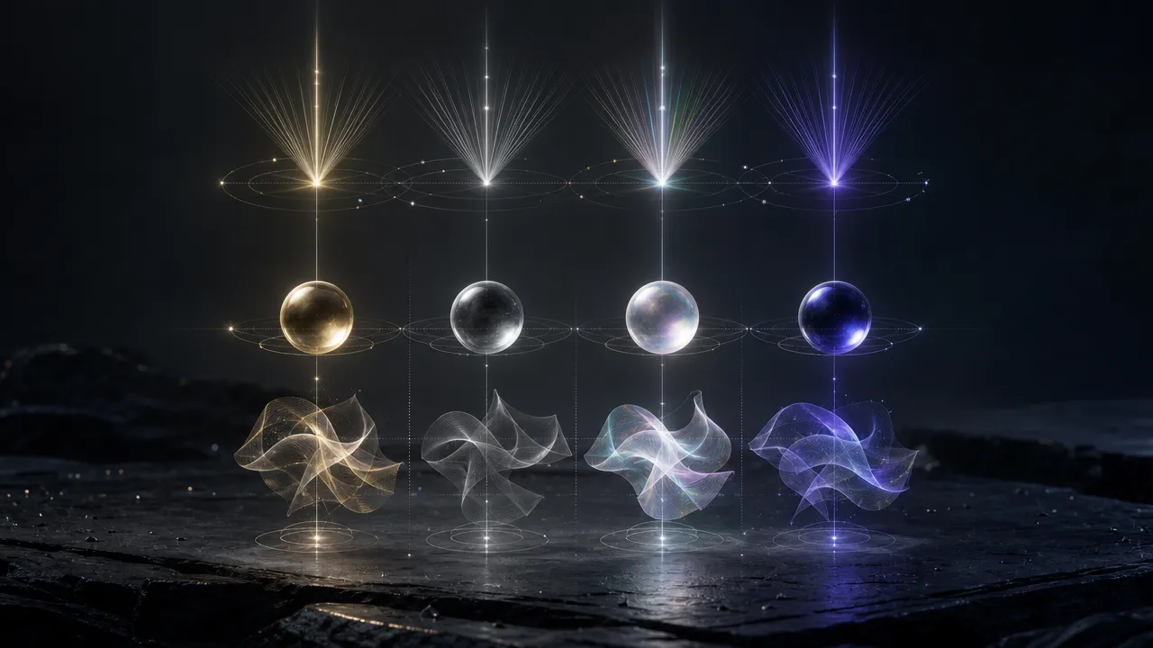 A holographic grid of three rows of movement crossing four tinted columns, representing modalities against elements