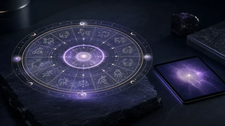 A minimal zodiac wheel rendered as a glowing holographic interface above a dark stone desk, beside a tablet