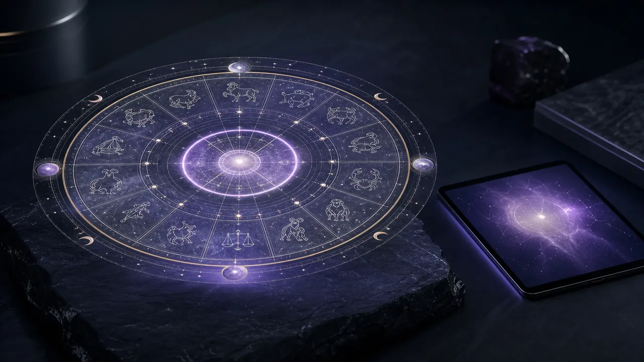 A minimal zodiac wheel rendered as a glowing holographic interface above a dark stone desk, beside a tablet